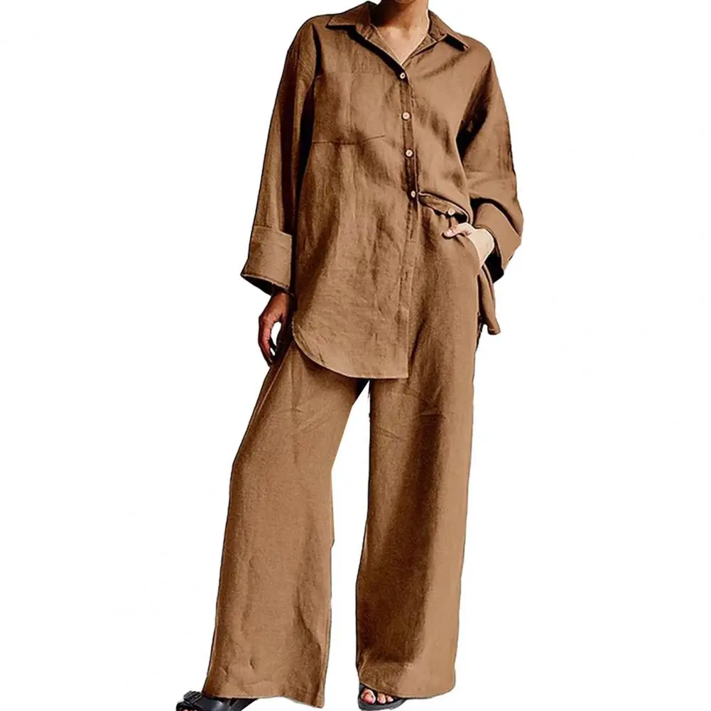 2023 Cotton Linen Blouse Shirt Pants Set Vintage Spring Autumn Long Sleeve High Waist Straight Wide Leg Pants Casual Suits