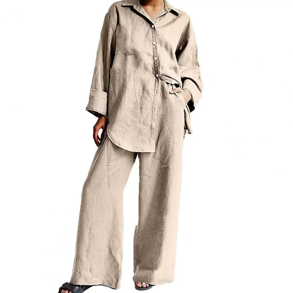 2023 Cotton Linen Blouse Shirt Pants Set Vintage Spring Autumn Long Sleeve High Waist Straight Wide Leg Pants Casual Suits