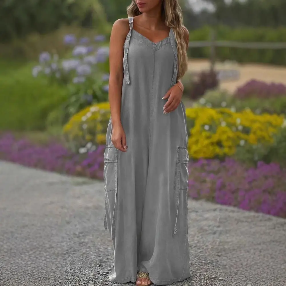 Women Romper Jumpsuit Trendy Wide-leg Romper Boho Wide Leg Jumpsuits for Women with Adjustable Straps Pockets Loose Fit Overalls