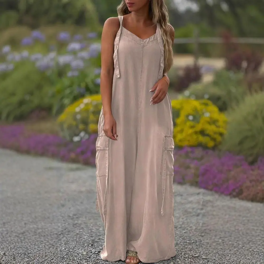 Women Romper Jumpsuit Trendy Wide-leg Romper Boho Wide Leg Jumpsuits for Women with Adjustable Straps Pockets Loose Fit Overalls