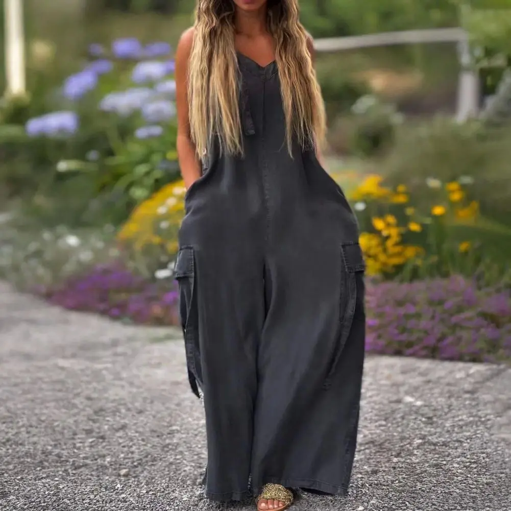Women Romper Jumpsuit Trendy Wide-leg Romper Boho Wide Leg Jumpsuits for Women with Adjustable Straps Pockets Loose Fit Overalls