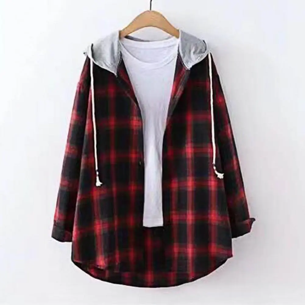 Autumn Women Shirts Hoodie Coat Plaid Print Loose Hooded Long Sleeves Drawstring Cardigan Single-breasted Buttons Spring Jacket