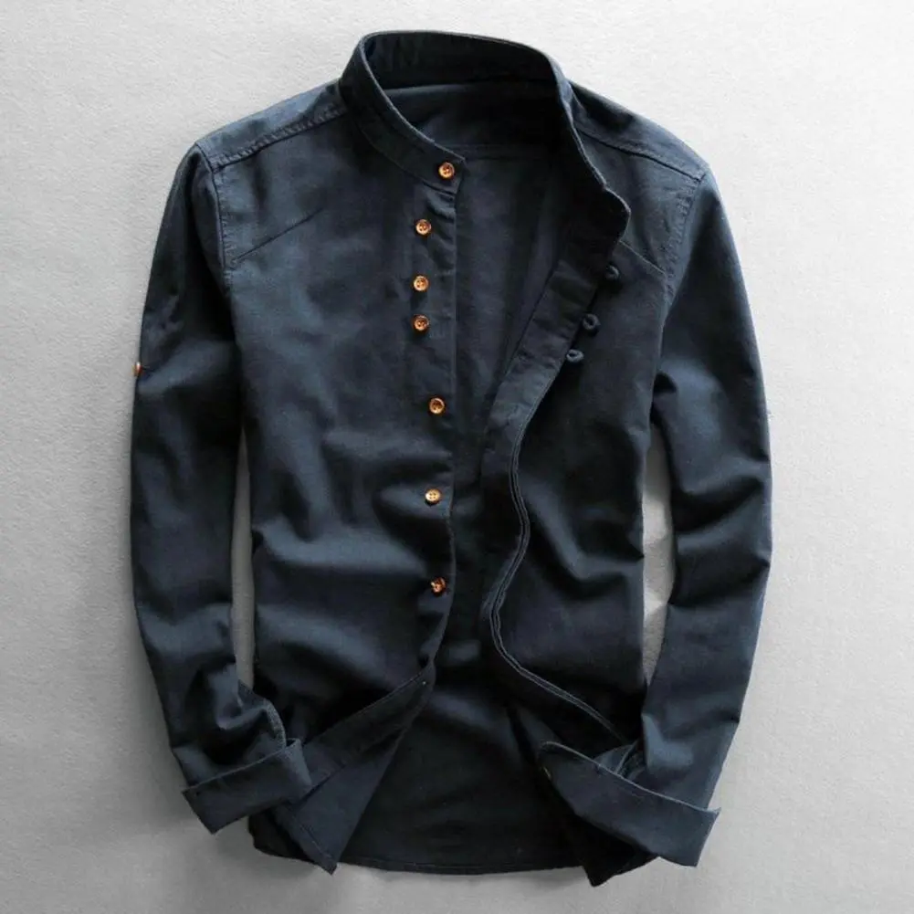Japan Style Men Cotton Linen Shirt Long Sleeve Slim Fit Single-breasted Cardigan Shirt Harajuku Stand Collar Men Casual Shirts