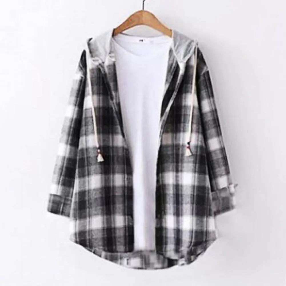 Autumn Women Shirts Hoodie Coat Plaid Print Loose Hooded Long Sleeves Drawstring Cardigan Single-breasted Buttons Spring Jacket
