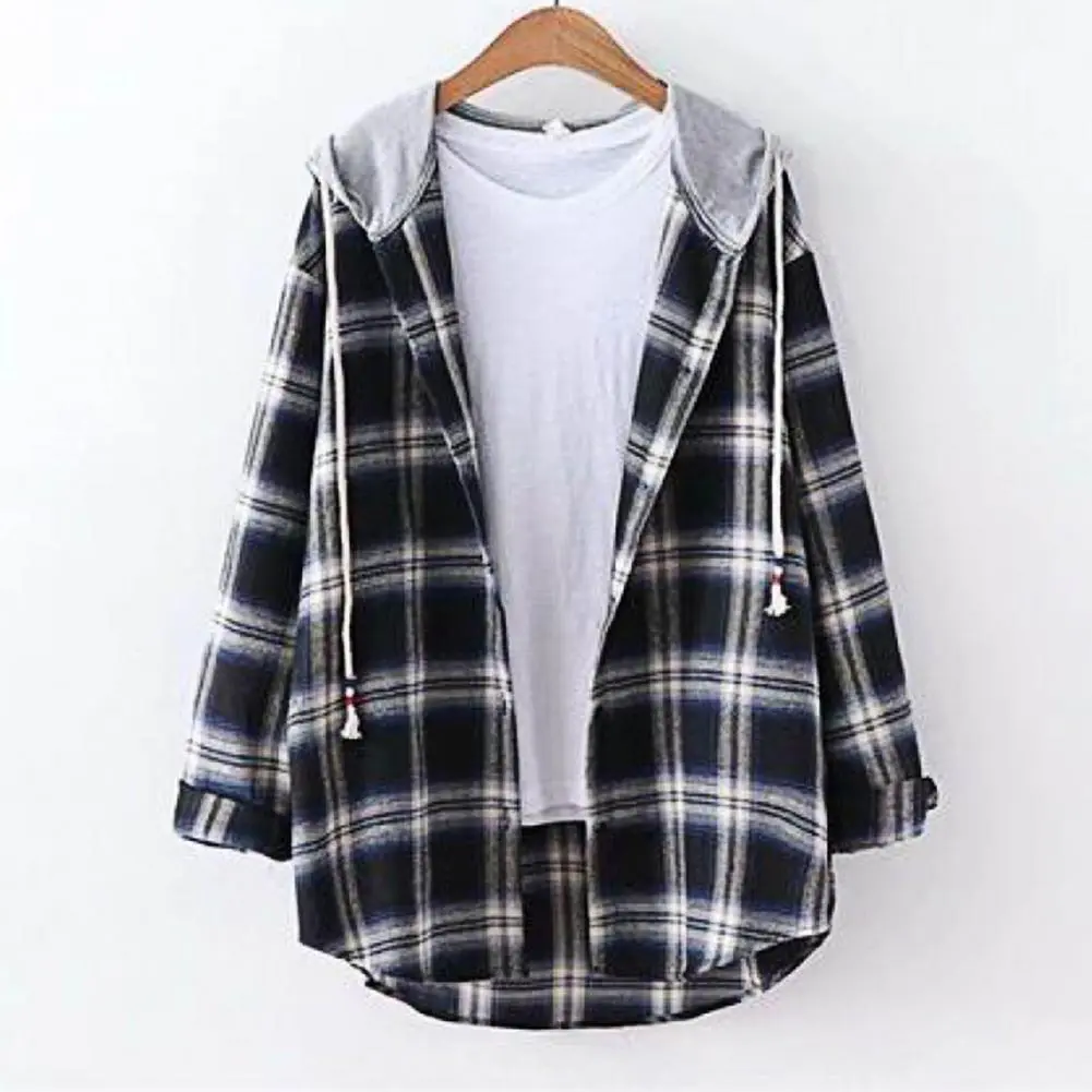 Autumn Women Shirts Hoodie Coat Plaid Print Loose Hooded Long Sleeves Drawstring Cardigan Single-breasted Buttons Spring Jacket