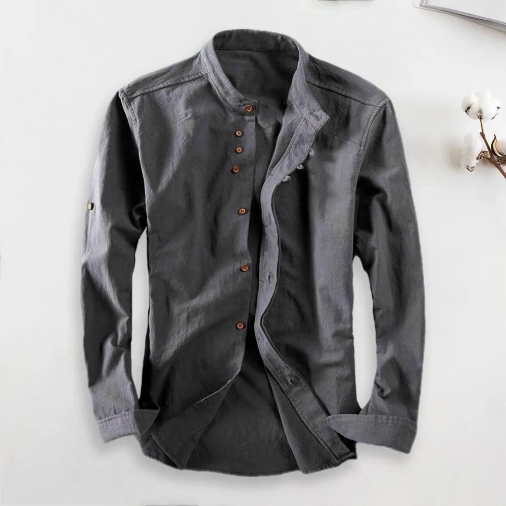Japan Style Men Cotton Linen Shirt Long Sleeve Slim Fit Single-breasted Cardigan Shirt Harajuku Stand Collar Men Casual Shirts