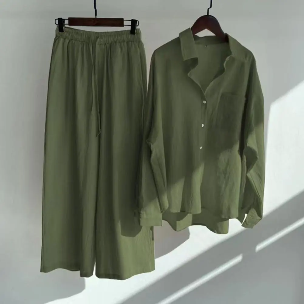 Women's 2 Piece Retro Cotton And Linen Shirt High Waist Slacks Suit Women's Outfit Loose Type High Waist Blouse Trousers Suit