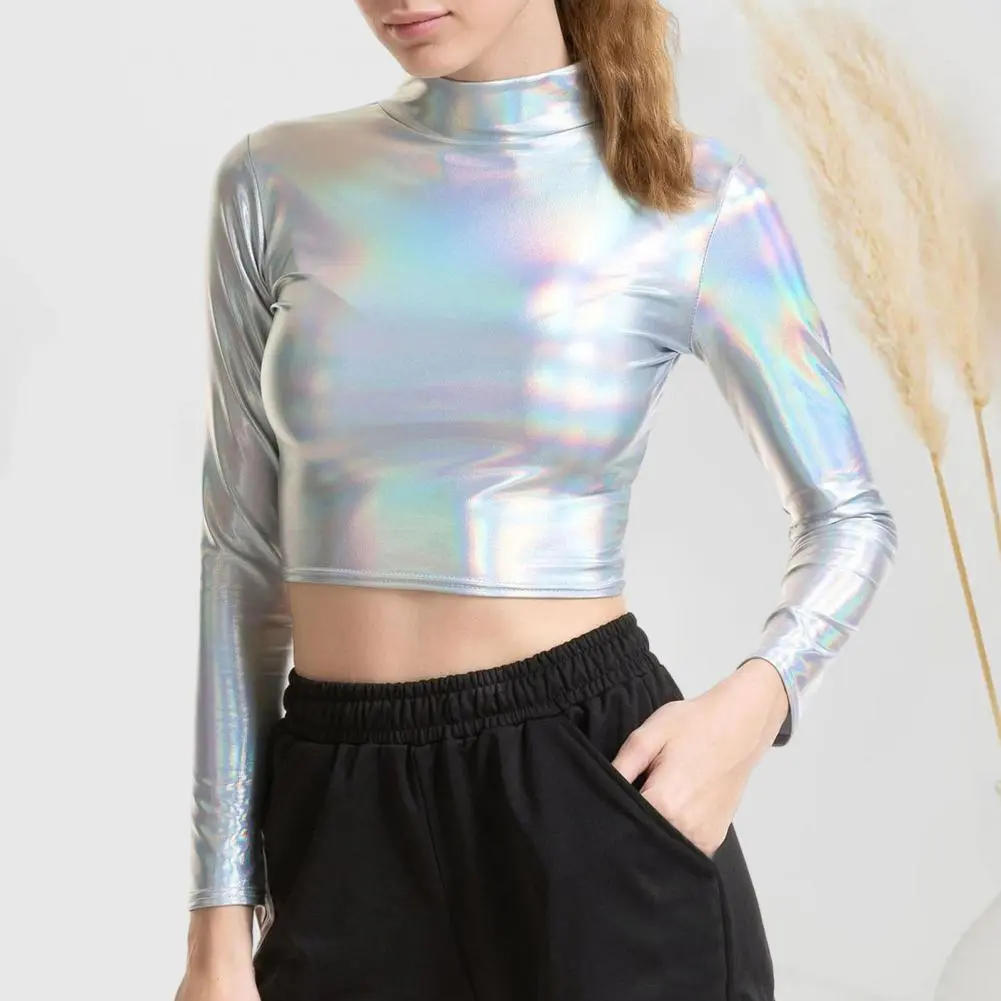 2025 Women Club Top Half-high Collar Glossy Surface Skinny Waist-exposed Half-high Collar Top Pole Dance Performance Crop Top