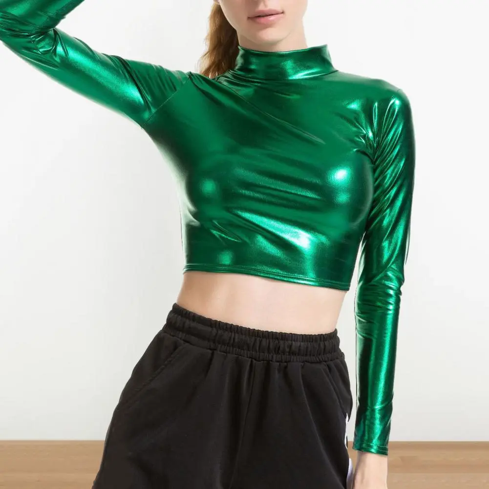2025 Women Club Top Half-high Collar Glossy Surface Skinny Waist-exposed Half-high Collar Top Pole Dance Performance Crop Top