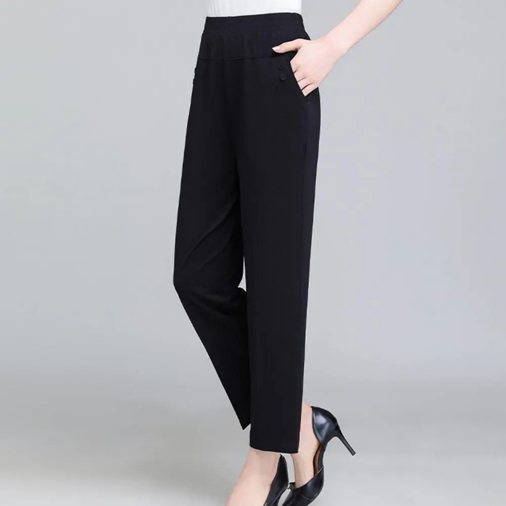 Ice Silk Thin Women Pants Elastic High Waist Office Lady Straight Wide Leg Trousers Simple Casual Loose Long Work Pants Slacks