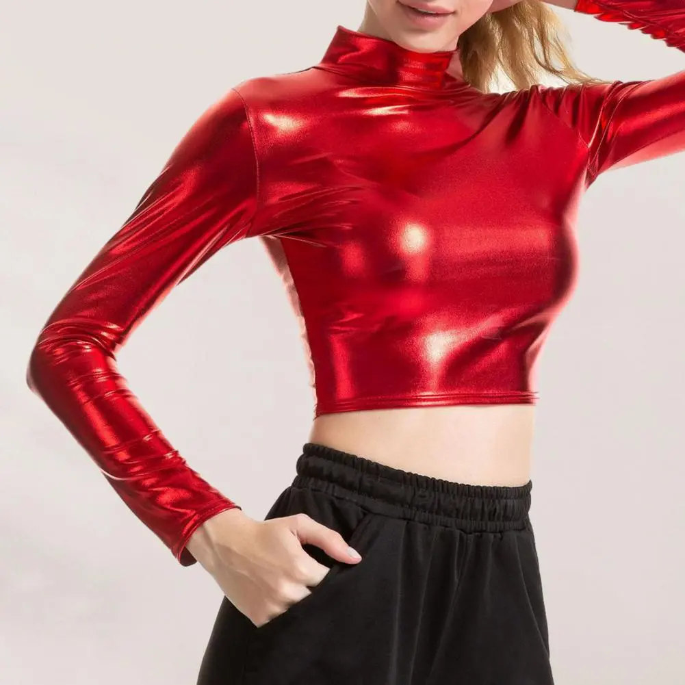 2025 Women Club Top Half-high Collar Glossy Surface Skinny Waist-exposed Half-high Collar Top Pole Dance Performance Crop Top