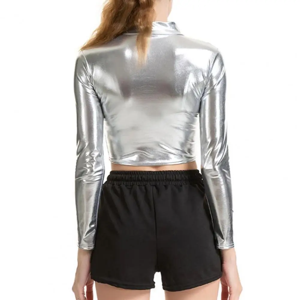 2025 Women Club Top Half-high Collar Glossy Surface Skinny Waist-exposed Half-high Collar Top Pole Dance Performance Crop Top