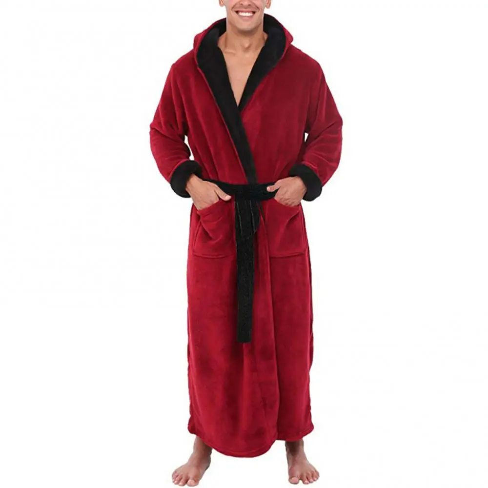 Coral Fleece Men Bath Robe Soft Flannel Long Robe Waist Strap Kimono Gown Winter Nightdress Bath Robe Sleepwear Men Lingerie
