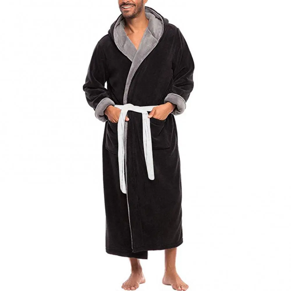 Coral Fleece Men Bath Robe Soft Flannel Long Robe Waist Strap Kimono Gown Winter Nightdress Bath Robe Sleepwear Men Lingerie