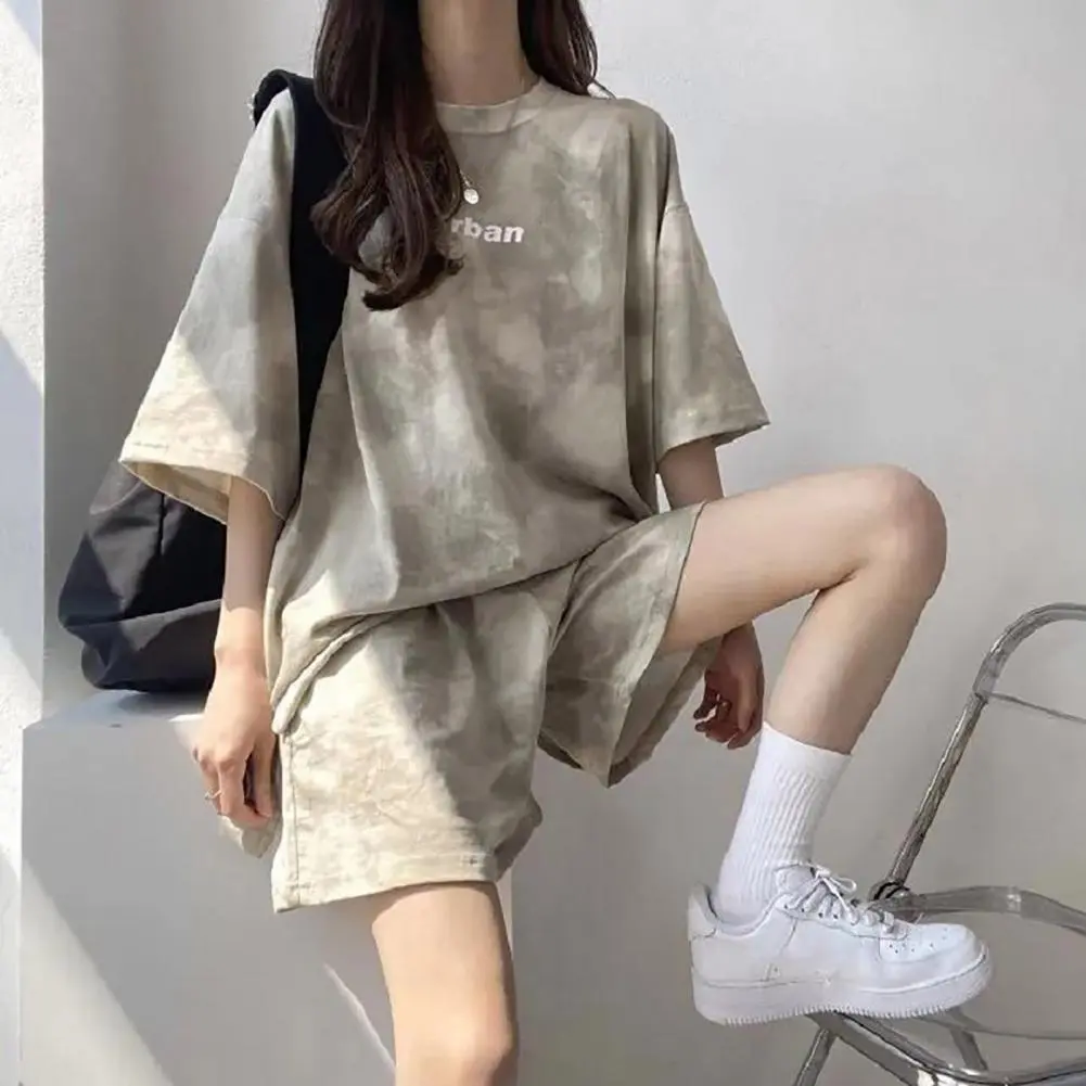 2 Piece Suit Women T-Shirt Shorts Set Korean Fashion Tie Dye Loose Short Sleeve T-shirt And Wide Leg Set Students Sports Outfit