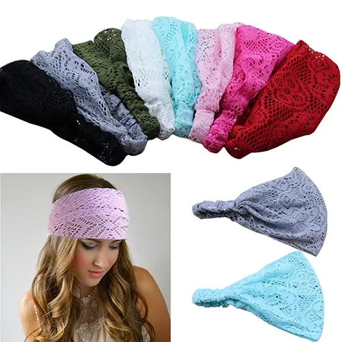 Hot Selling  Girl's Fashion Stretchy Wide Lace Headband Turban Head Bandanas Hairband
