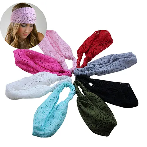 Hot Selling  Girl's Fashion Stretchy Wide Lace Headband Turban Head Bandanas Hairband