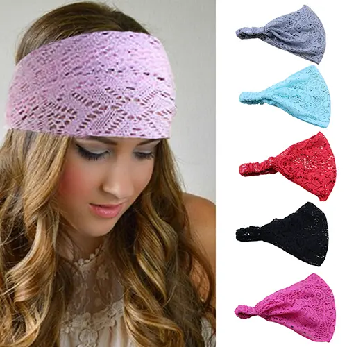 Hot Selling  Girl's Fashion Stretchy Wide Lace Headband Turban Head Bandanas Hairband