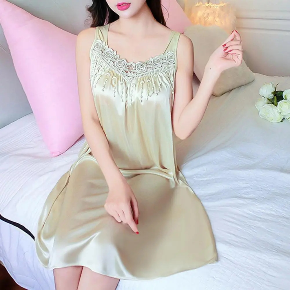 Lady Pajamas Solid Color Smooth Lace Patchwork Night Dress Comfortable Ventilate Casual Fashion Summer Women Night Gown Nightie