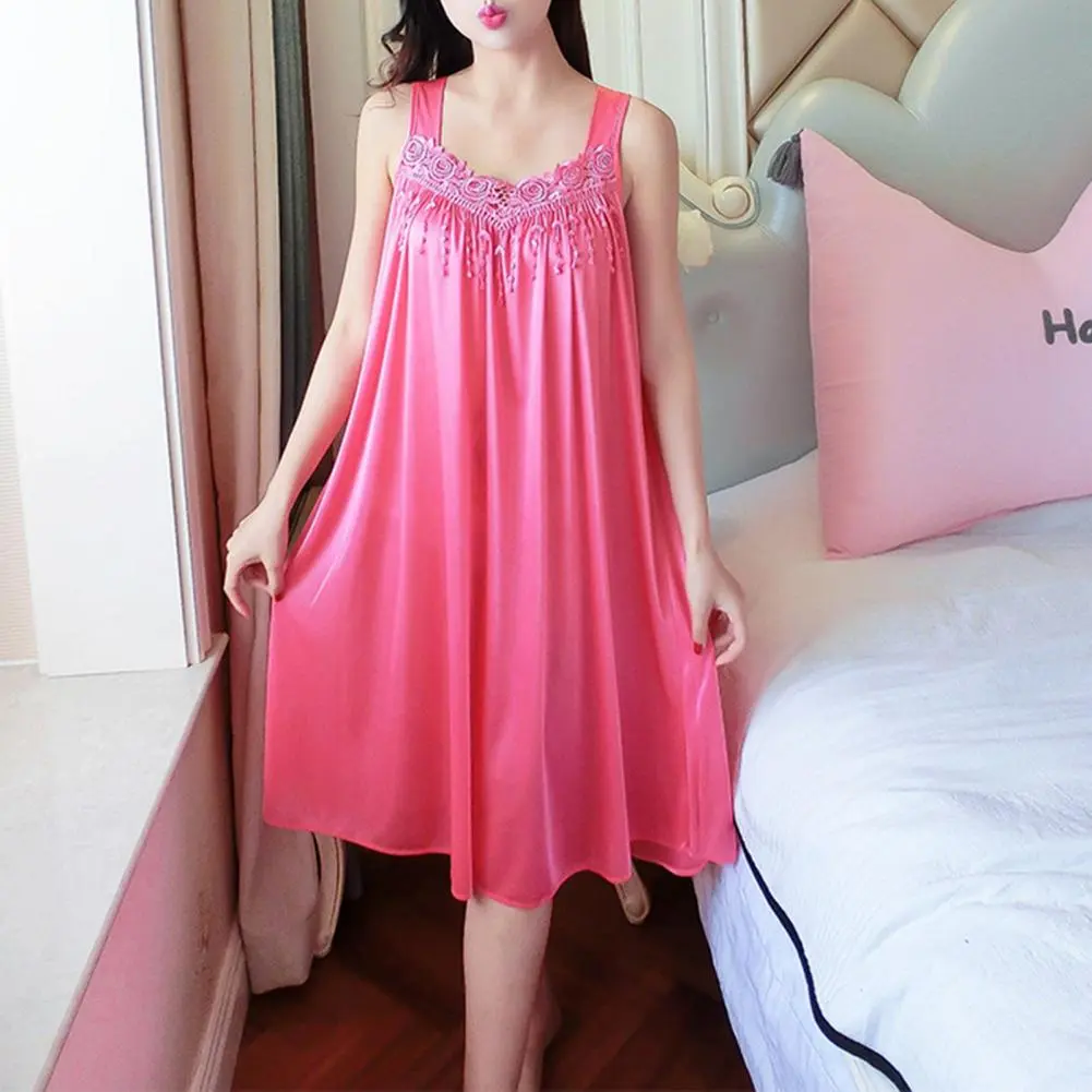 Lady Pajamas Solid Color Smooth Lace Patchwork Night Dress Comfortable Ventilate Casual Fashion Summer Women Night Gown Nightie