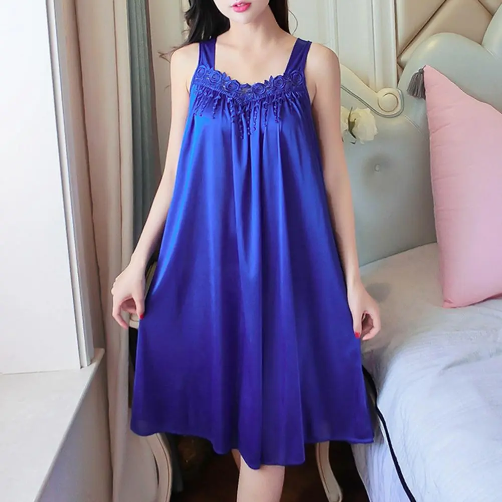 Lady Pajamas Solid Color Smooth Lace Patchwork Night Dress Comfortable Ventilate Casual Fashion Summer Women Night Gown Nightie