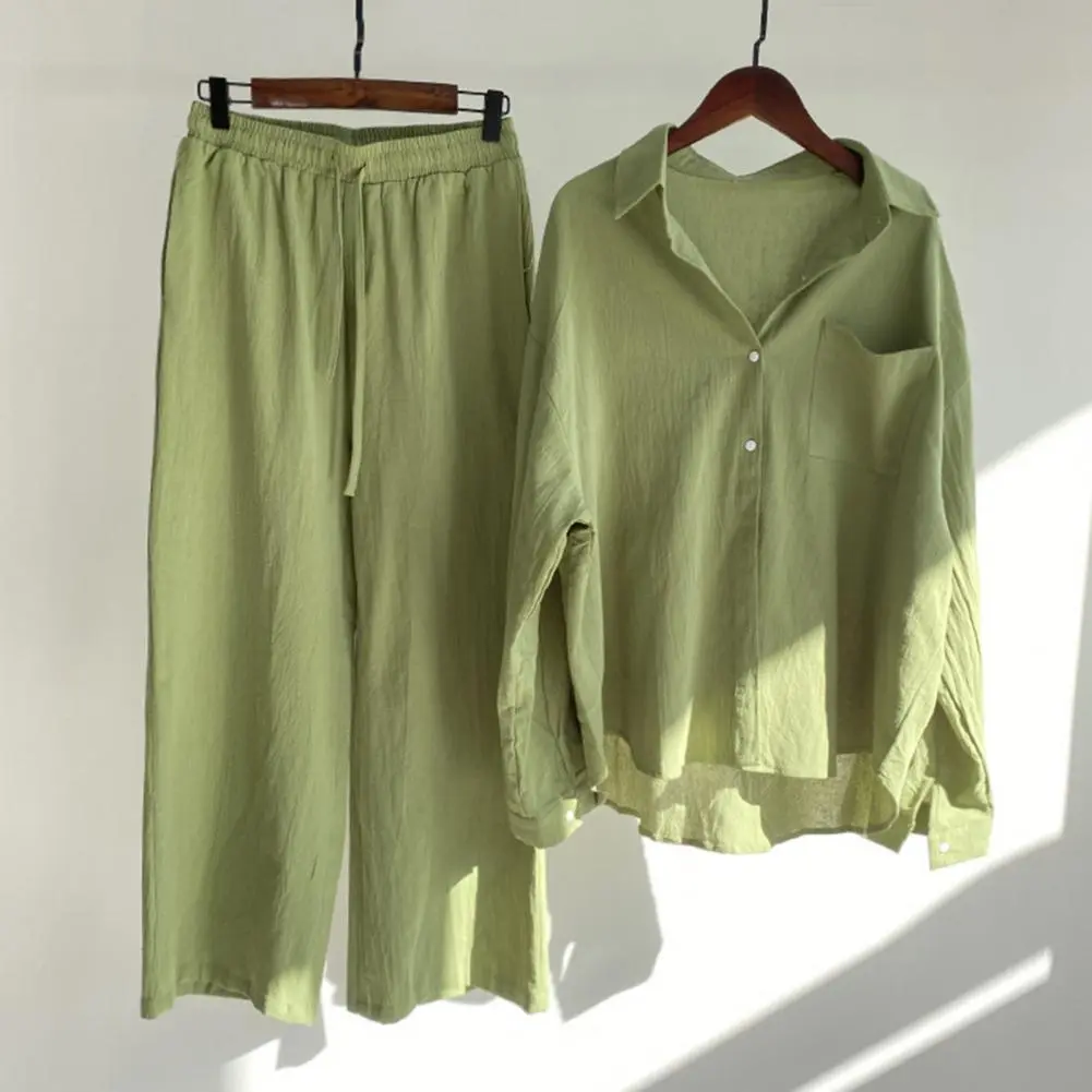 Cotton And Linen Women Shirt Pants Set Spring Wide Leg Long Sleeves Shirt Elastic Waist Pants Set Women Blouse Trousers Set