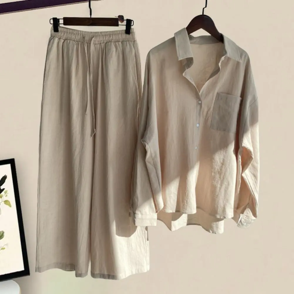 Cotton And Linen Women Shirt Pants Set Spring Wide Leg Long Sleeves Shirt Elastic Waist Pants Set Women Blouse Trousers Set