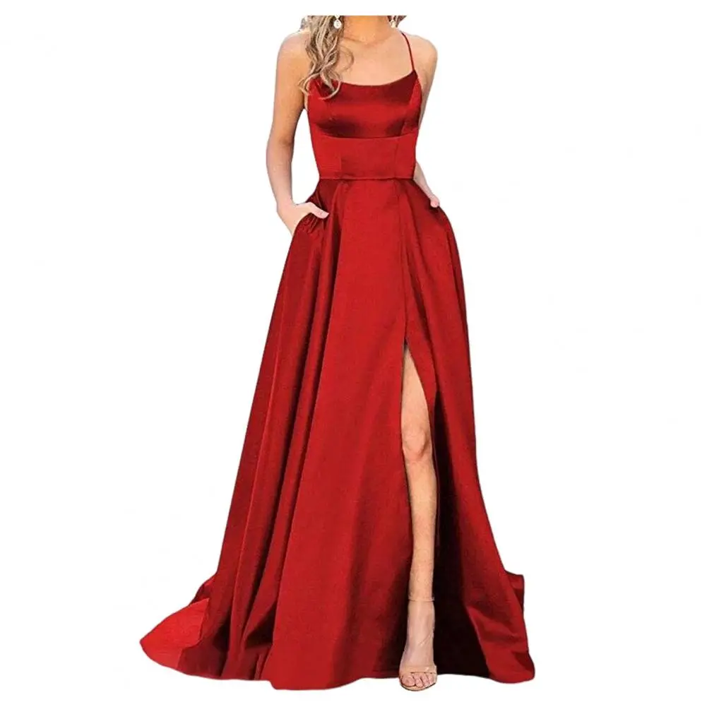 Spaghetti Strap High Slit Evening Dress Sexy Off Shoulder Backless Evening Prom Dress Cheap Bridesmaid Dresses Women Maxi Dress