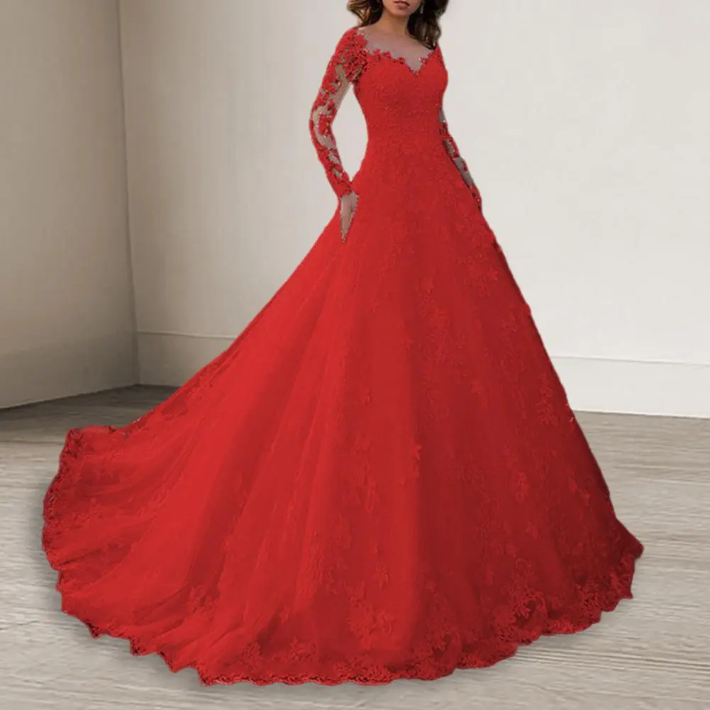 Detail Lace Cocktail Party Dress Floral Embroidere Maxi Dress Women Wedding Bride Dress Lace Long Sleeve Back Zipper Lace