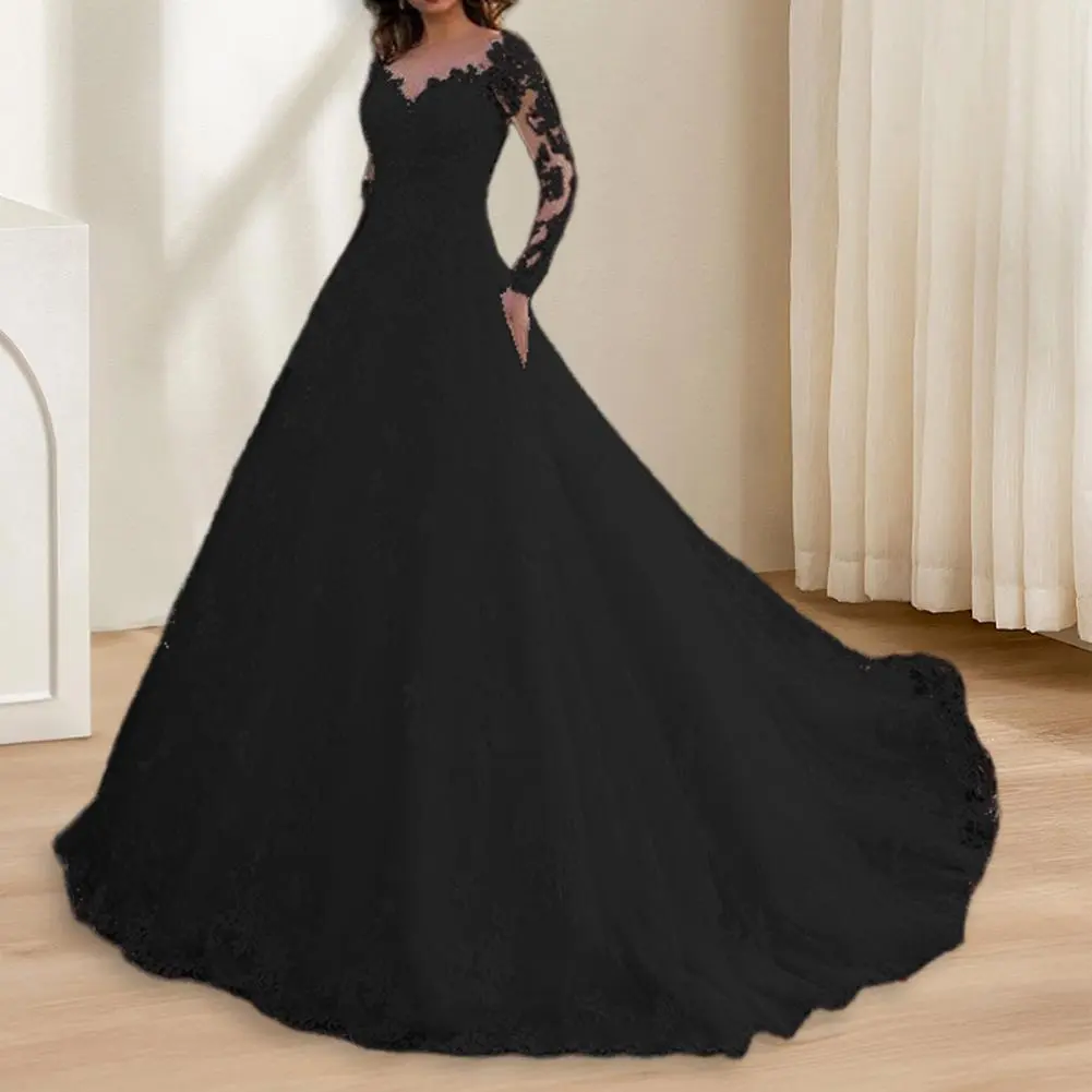 Detail Lace Cocktail Party Dress Floral Embroidere Maxi Dress Women Wedding Bride Dress Lace Long Sleeve Back Zipper Lace
