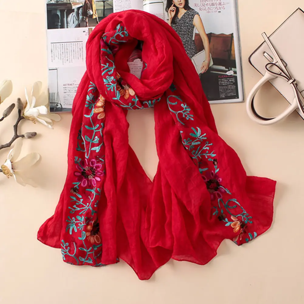 Embroidered Flower Scarf Cotton Women Long Bandana Scarves Girl Shawl Gift new