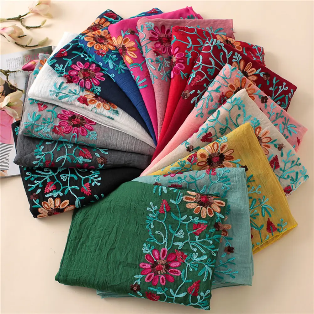 Embroidered Flower Scarf Cotton Women Long Bandana Scarves Girl Shawl Gift new