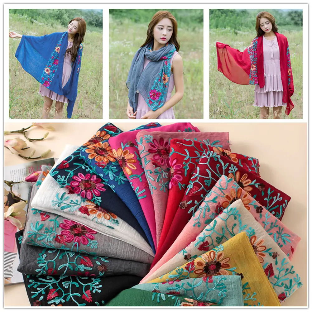 Embroidered Flower Scarf Cotton Women Long Bandana Scarves Girl Shawl Gift new