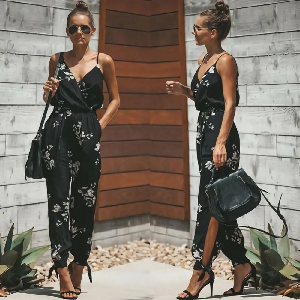 Women  Jumpsuit Sexy Backless Printed Lace Up Suspender Jumpsuit Summer Sexy Casual Deep-V Floral Print Strappy Jumpsuits Romper