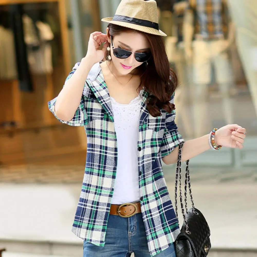 Cotton Shirt Fashion Loose Womens Plaid Shirt Fresh College Style Plaid Hood Women Shirt Jacket Casual Female Checked Shirts