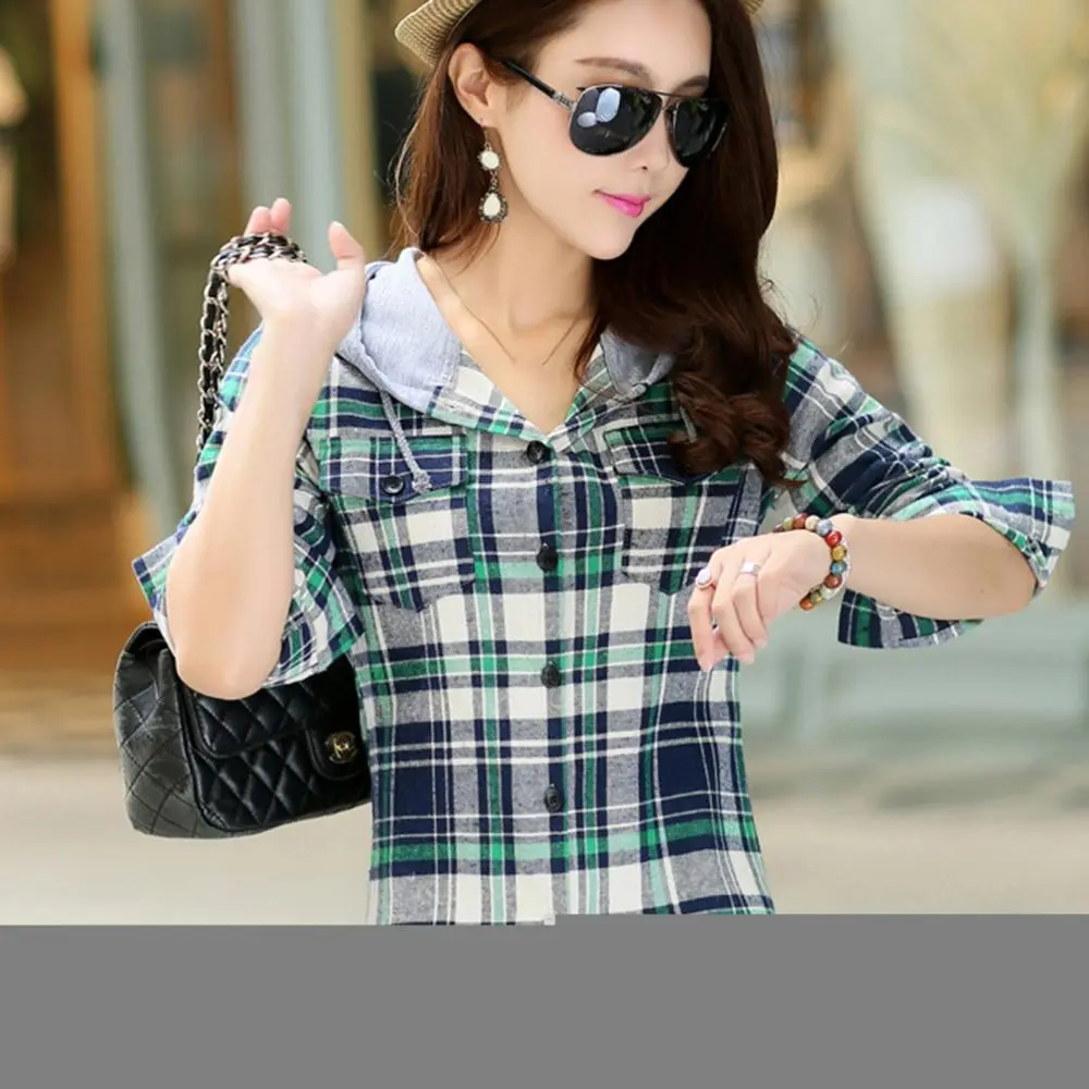 Cotton Shirt Fashion Loose Womens Plaid Shirt Fresh College Style Plaid Hood Women Shirt Jacket Casual Female Checked Shirts