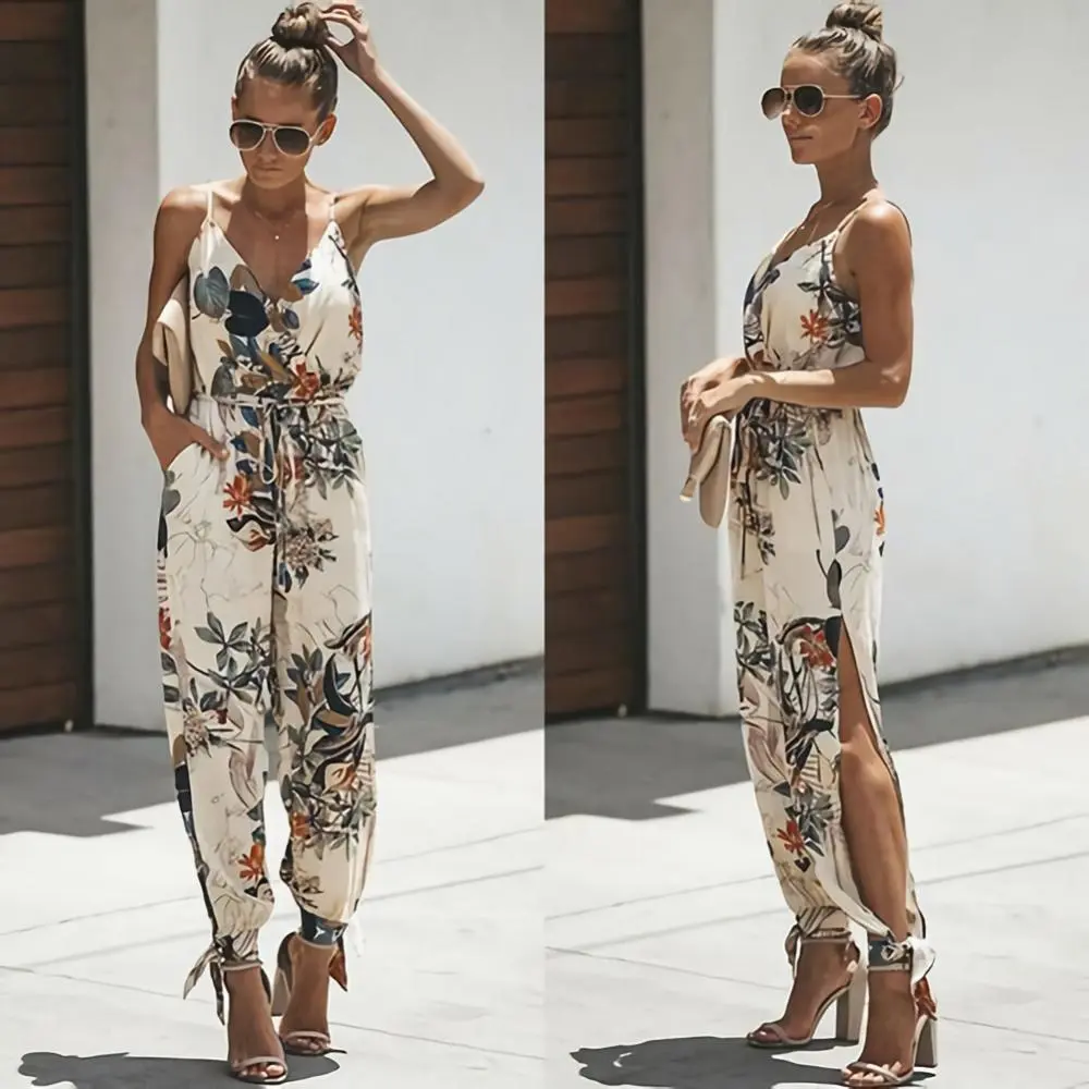 Women  Jumpsuit Sexy Backless Printed Lace Up Suspender Jumpsuit Summer Sexy Casual Deep-V Floral Print Strappy Jumpsuits Romper