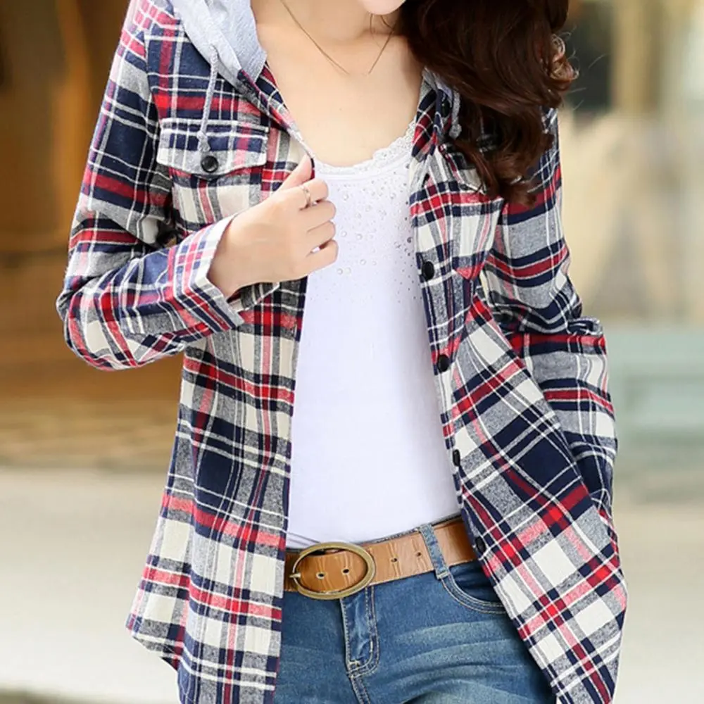Cotton Shirt Fashion Loose Womens Plaid Shirt Fresh College Style Plaid Hood Women Shirt Jacket Casual Female Checked Shirts