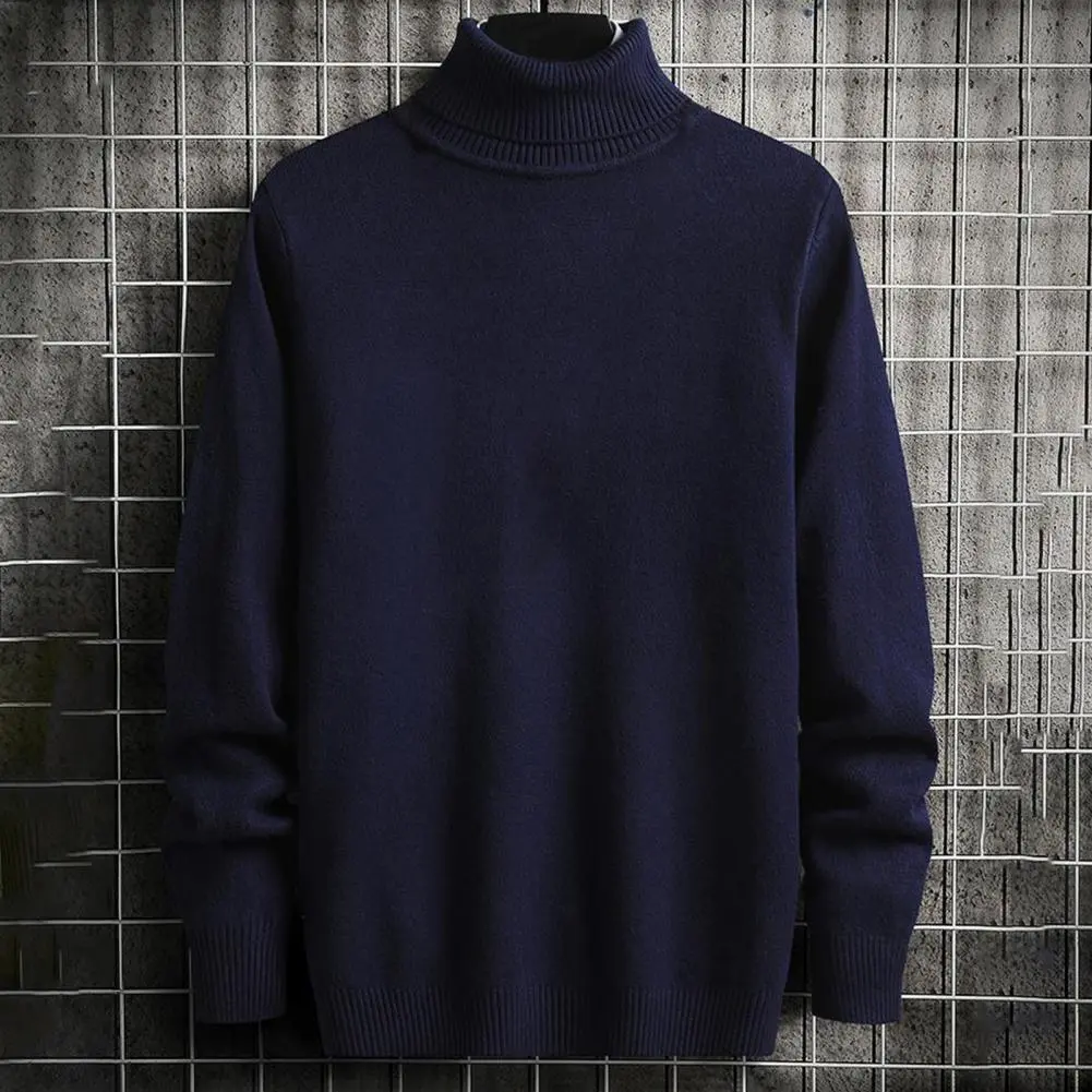 Men Sweater Solid Color High Collar Long Sleeve Pullover Autumn Sweater Anti-shrink All Match Elastic Pullover Male Sweater