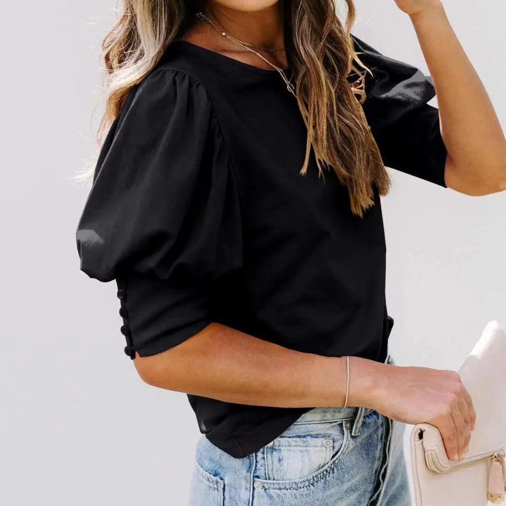 Women Puff Sleeve Blouse Lady Short Sleeve T-shirt Round Neck OL Style Women Pleated Blouse Elegant Fashion Female Blouse Top