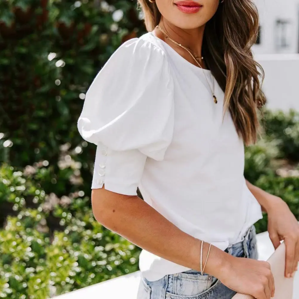 Women Puff Sleeve Blouse Lady Short Sleeve T-shirt Round Neck OL Style Women Pleated Blouse Elegant Fashion Female Blouse Top