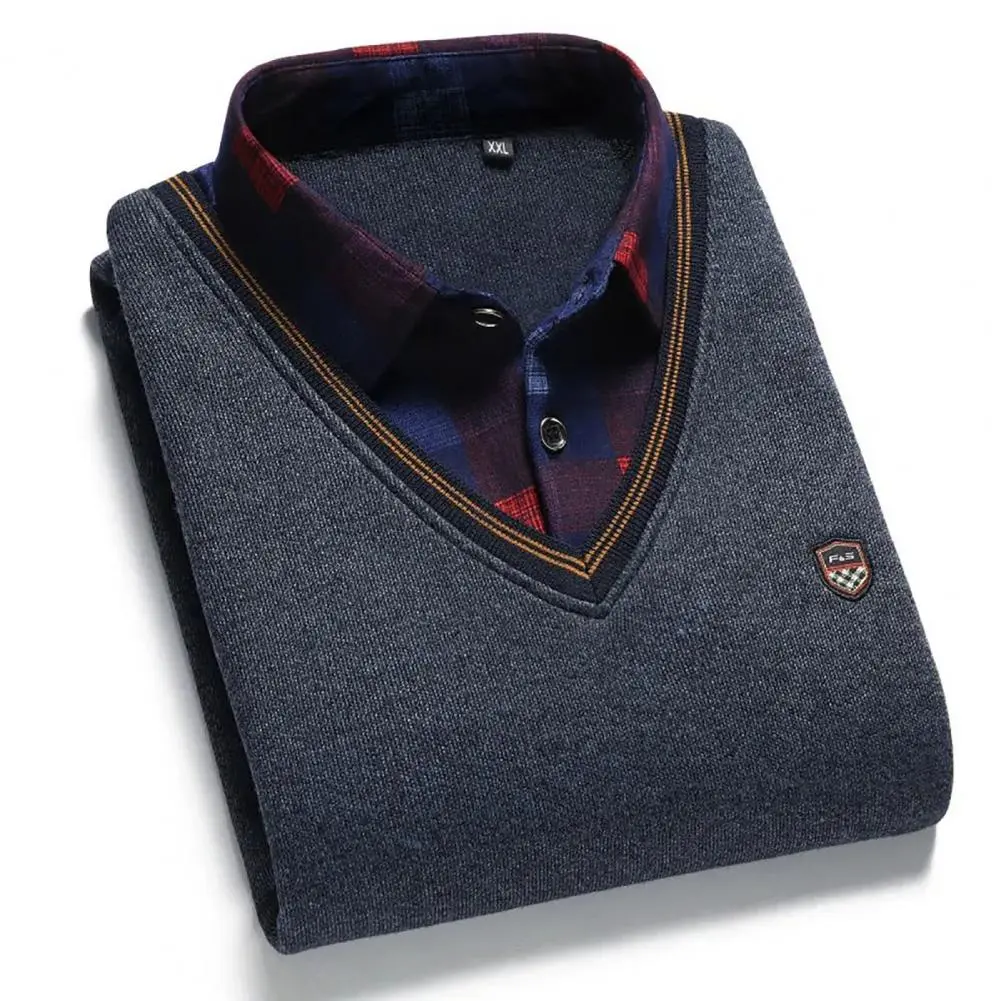 Men Sweater Checked Dot Print Fake Two-piece Men Shirt Spring Fake Two Pieces Splicing Shirt Collar Business Base Knit Sweater