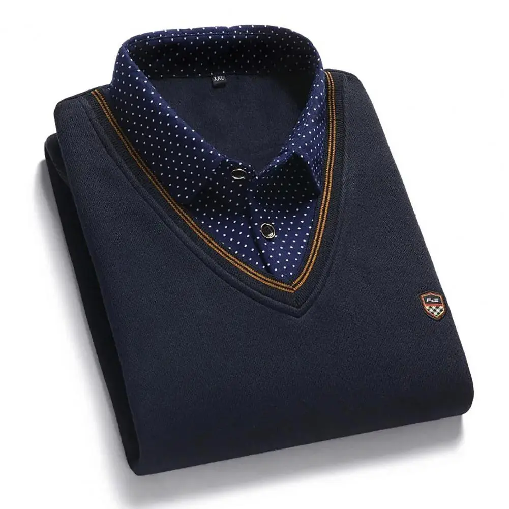 Men Sweater Checked Dot Print Fake Two-piece Men Shirt Spring Fake Two Pieces Splicing Shirt Collar Business Base Knit Sweater