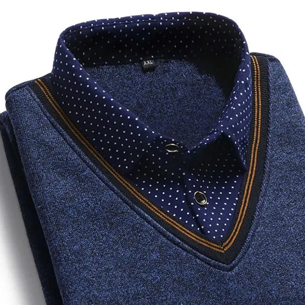 Men Sweater Checked Dot Print Fake Two-piece Men Shirt Spring Fake Two Pieces Splicing Shirt Collar Business Base Knit Sweater