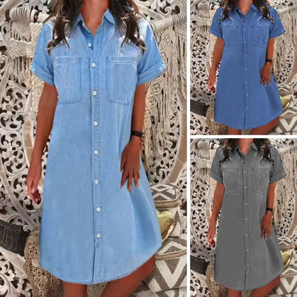 Women's Denim Dress Summer Jean Dress Short Sleeved Lapel Short Sleeve A-Line Knee Length Women Sundress Female Casual Dresses