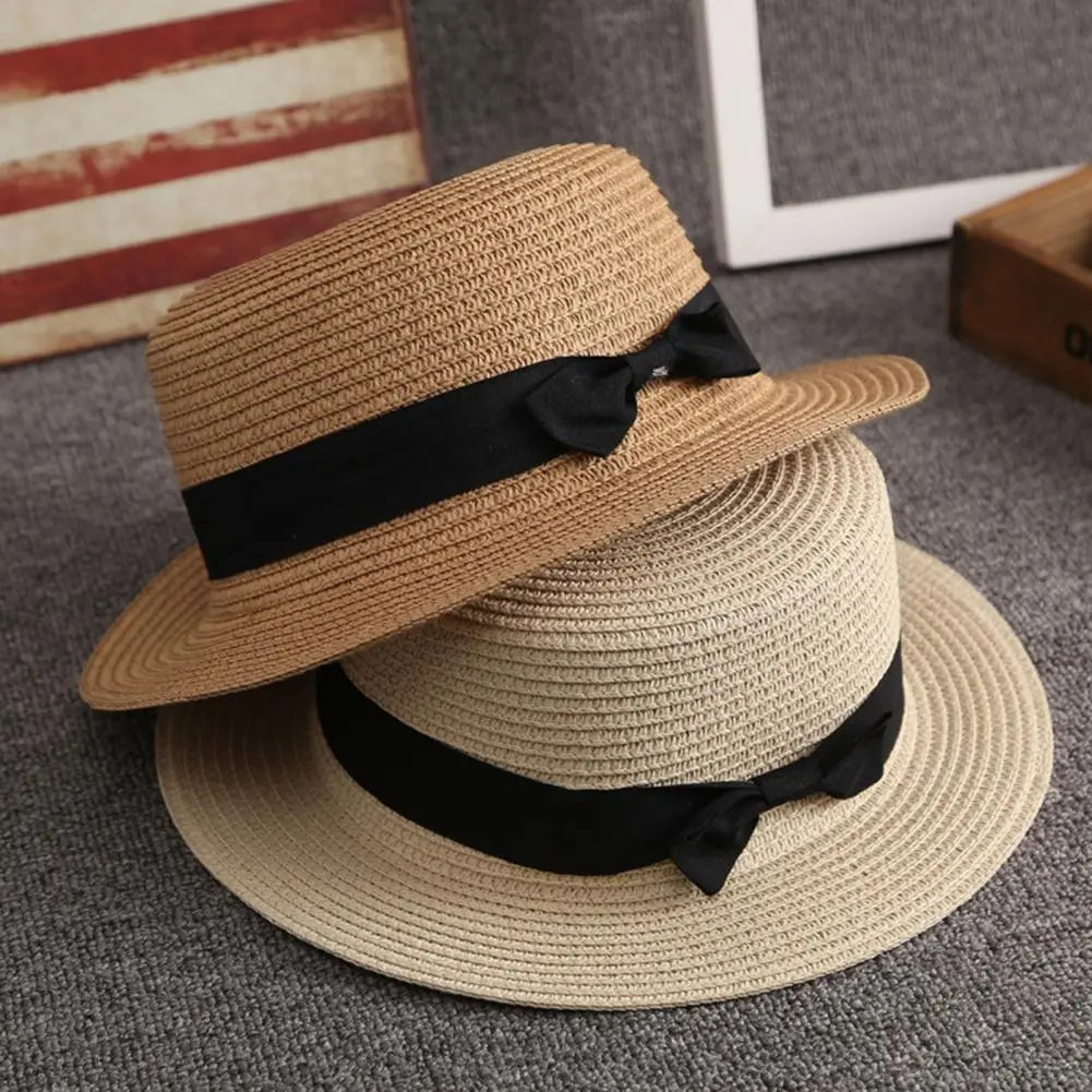 2023 Bowknot Straw Cap Girls Sun Hat Summer Beach Hat Female Casual Panama Hat Brand Women Flat Brim Fisherman Hat Bucket Hat
