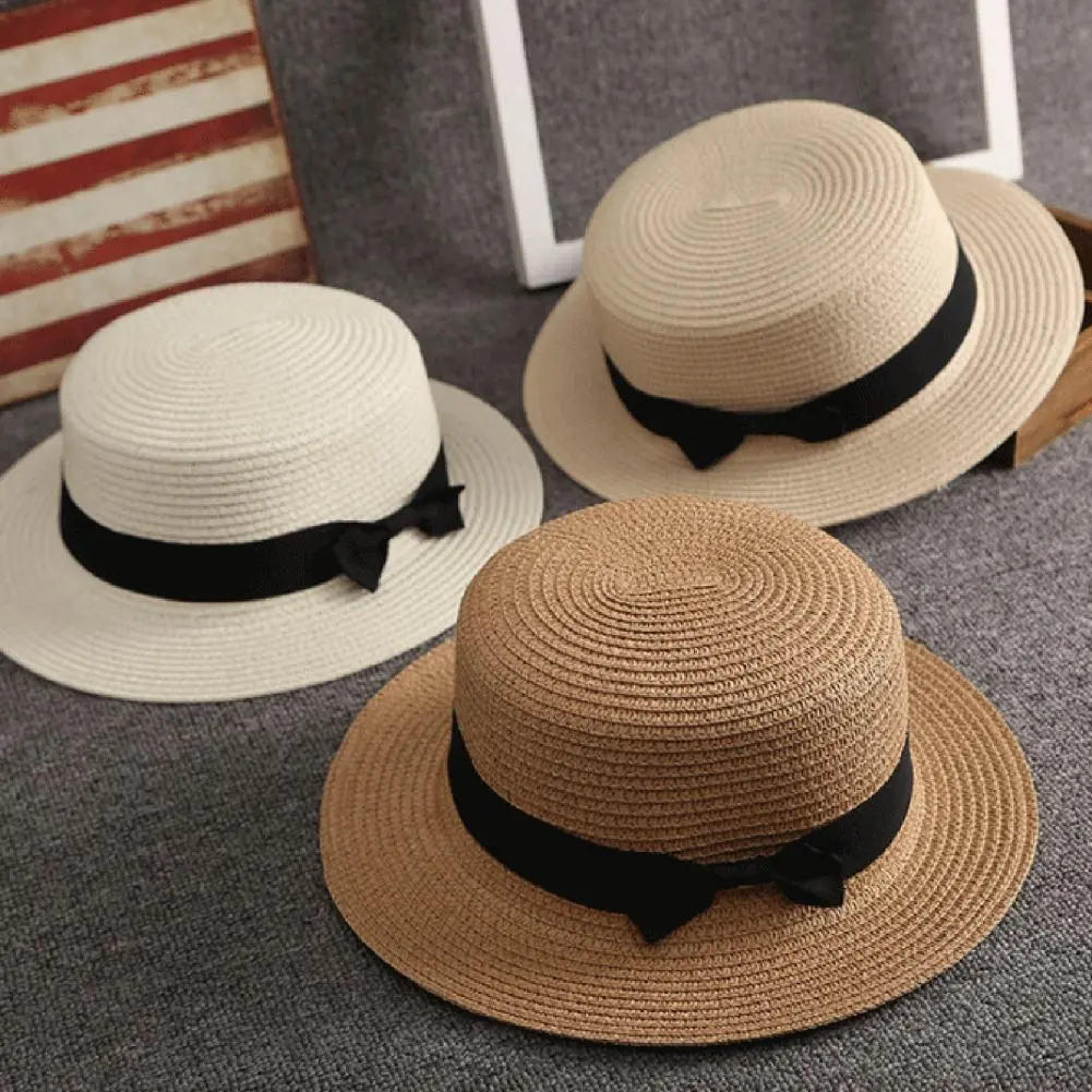 2023 Bowknot Straw Cap Girls Sun Hat Summer Beach Hat Female Casual Panama Hat Brand Women Flat Brim Fisherman Hat Bucket Hat