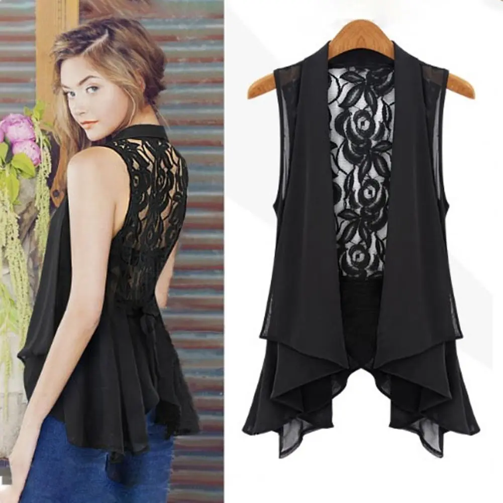 Back Embroidery Lace Floral Women Chiffon Coat Lace Vest Top Scarf Collar Sleeveless Irregular Draped Hem Lace-up Vest Jacket
