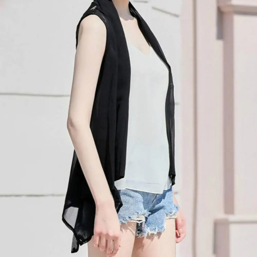 Back Embroidery Lace Floral Women Chiffon Coat Lace Vest Top Scarf Collar Sleeveless Irregular Draped Hem Lace-up Vest Jacket