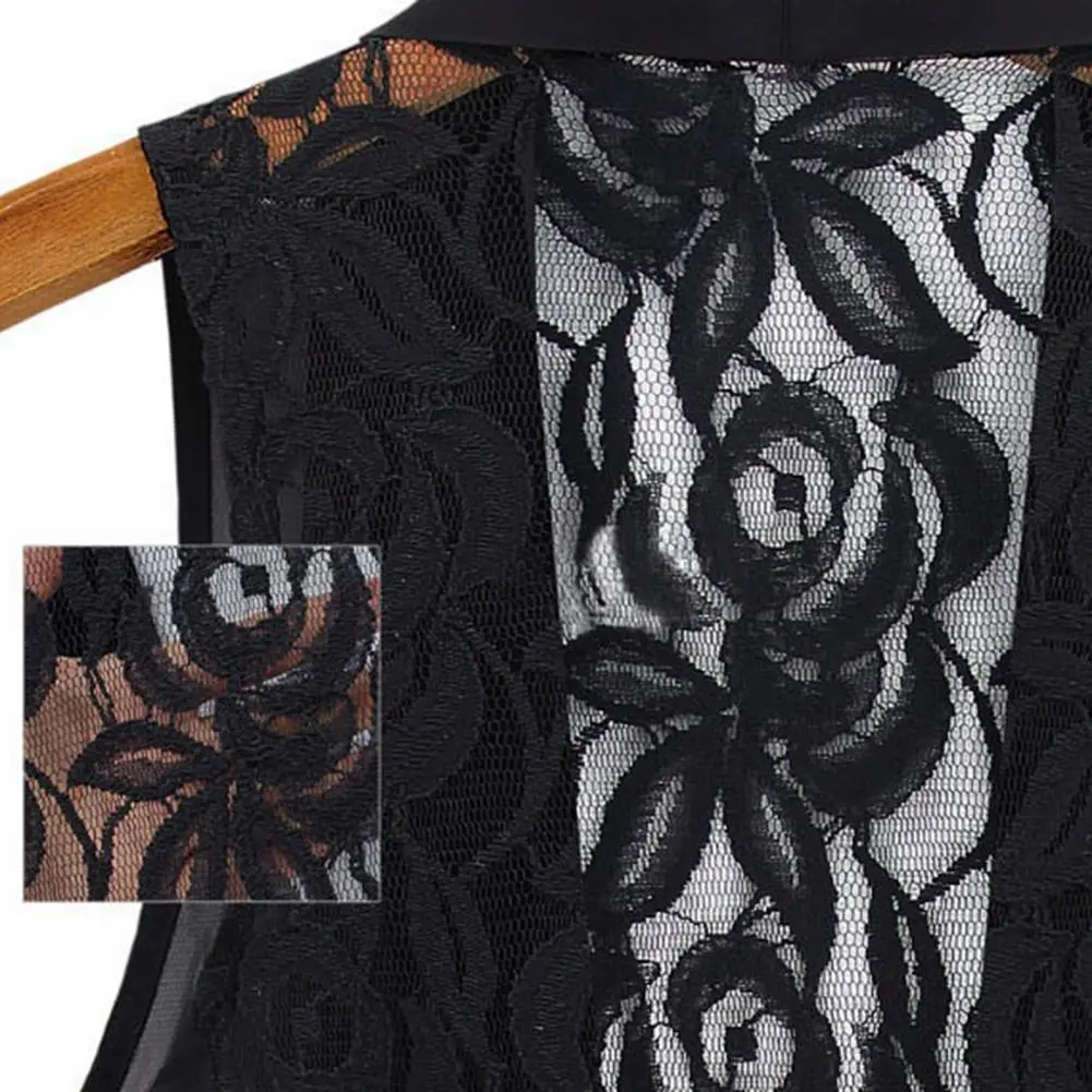 Back Embroidery Lace Floral Women Chiffon Coat Lace Vest Top Scarf Collar Sleeveless Irregular Draped Hem Lace-up Vest Jacket